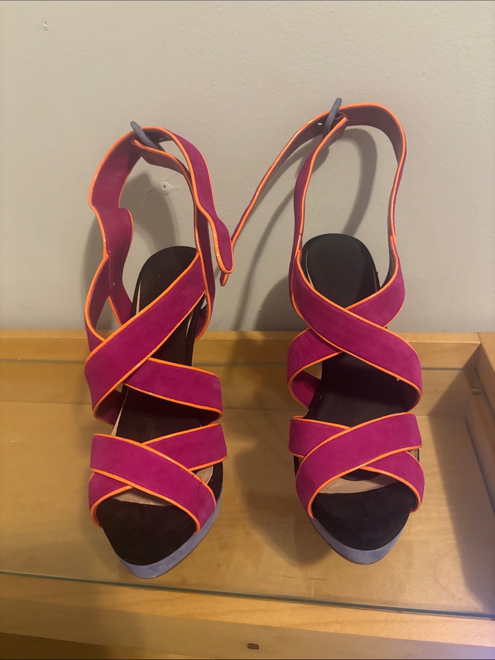 Jessica Simpson Fuchsia Suede Crisscross Heels with Orange Trim